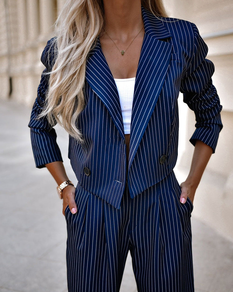 Women's Spring Fashion Striped Suits Casual Lapel Long Sleeve Cropped Top And Straight Pants Outfits Women's Clothing EE&JR