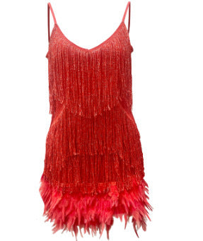 Sexy Tassel Sequins Feather Summer Mini Dress Women V Neck Spaghetti Strap Stitching Dresses Female Elegant Evening Party Club Dress EE&JR
