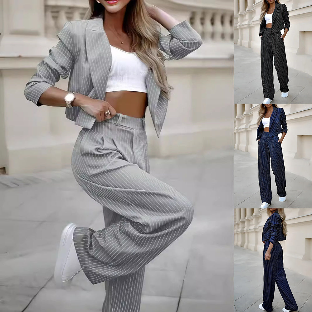 Women's Spring Fashion Striped Suits Casual Lapel Long Sleeve Cropped Top And Straight Pants Outfits Women's Clothing EE&JR