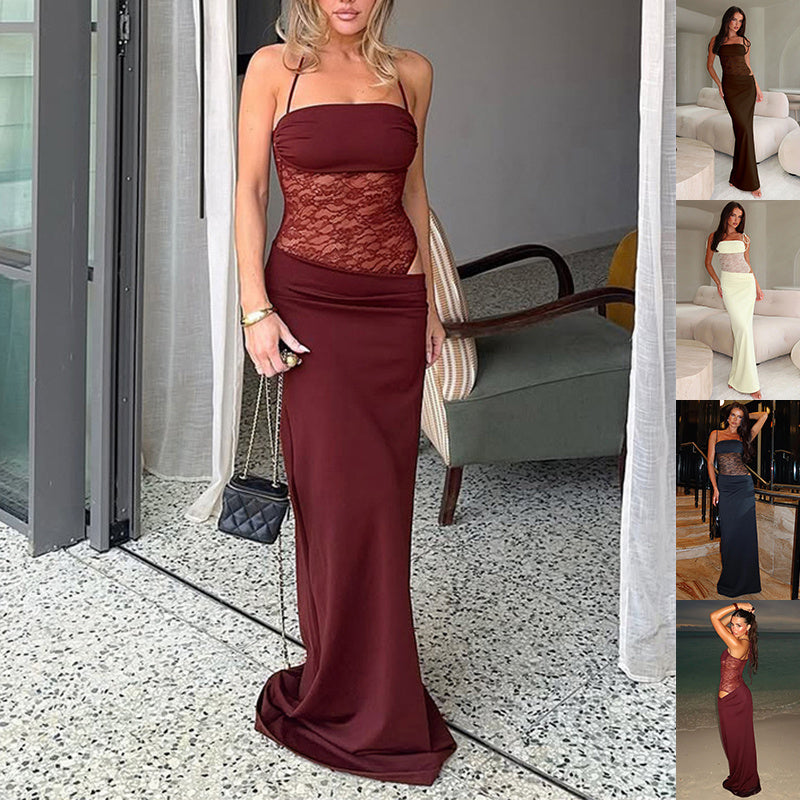 Y2K Lace Suspender Dress Fashion Sexy Lace Long Dresses Party Evening Club Beach Clothing For Women EE&JR