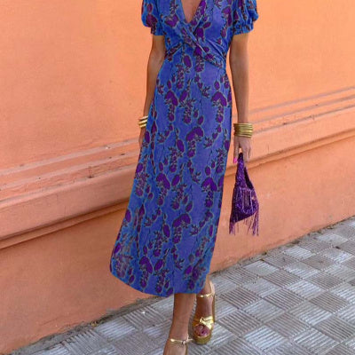 Summer V-neck Short-sleeved Dress Fashion Flowers Printed Slim Beach Dresses For Women Clothing EE&JR