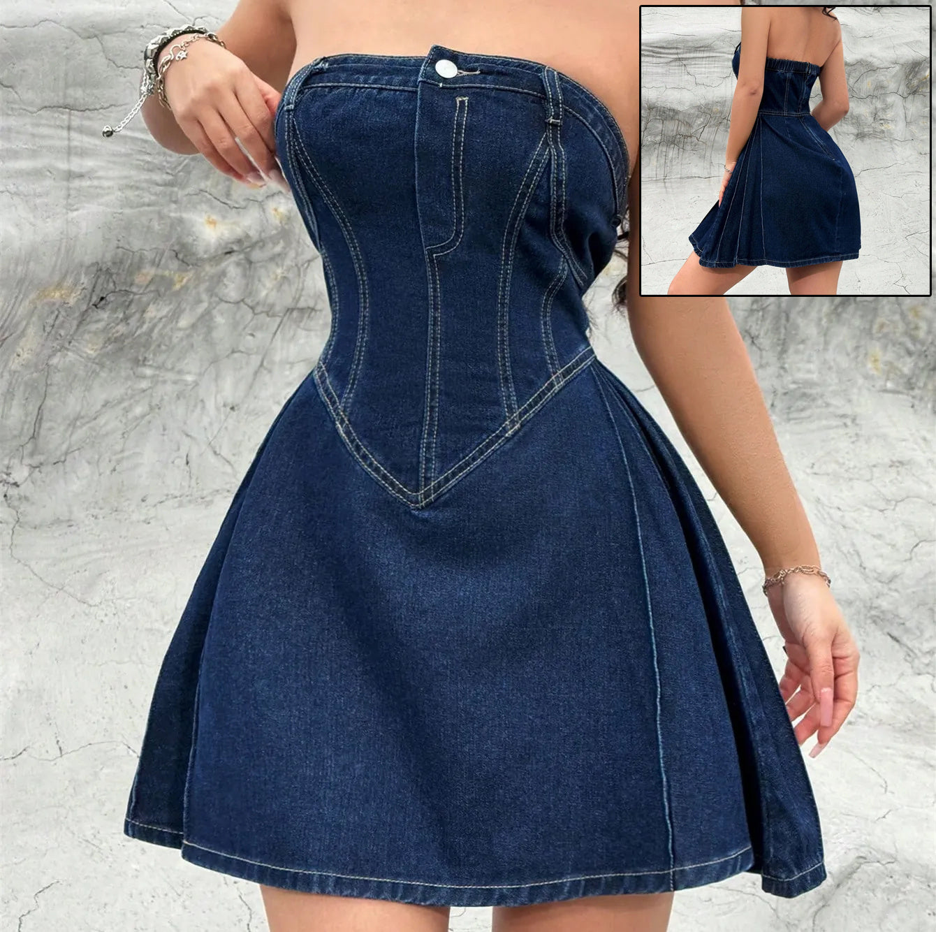 Women's Summer Off-shoulder Low Collar Sexy Fishbone Waist Tight Denim Dress Strapless Sexy Dress Trend Skinny Hipster Party Clubwear Y2K Bodycon EE&JR