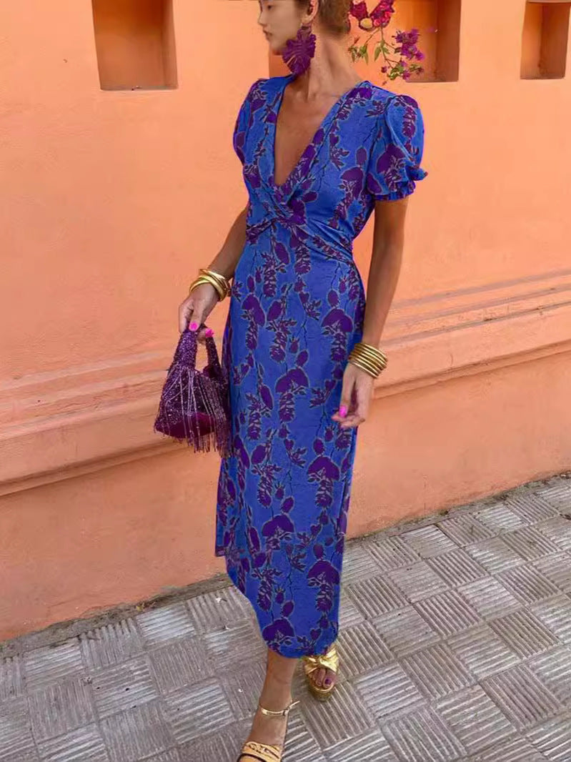 Summer V-neck Short-sleeved Dress Fashion Flowers Printed Slim Beach Dresses For Women Clothing EE&JR