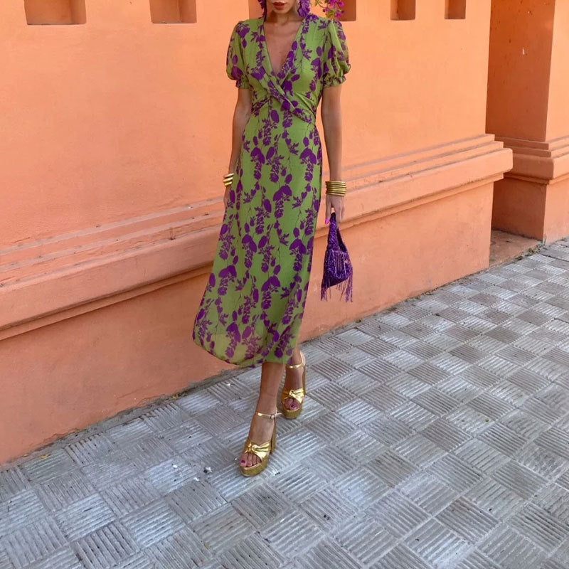 Summer V-neck Short-sleeved Dress Fashion Flowers Printed Slim Beach Dresses For Women Clothing EE&JR
