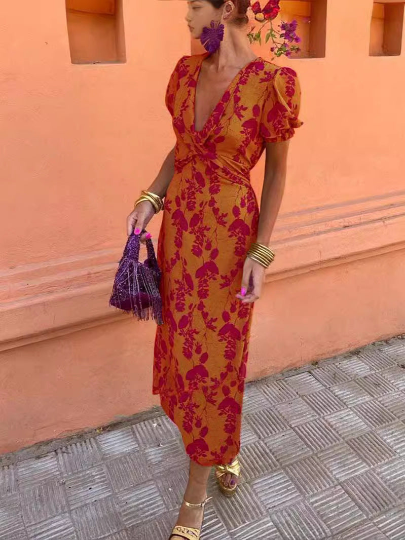Summer V-neck Short-sleeved Dress Fashion Flowers Printed Slim Beach Dresses For Women Clothing EE&JR