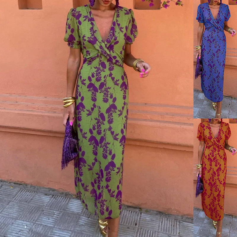 Summer V-neck Short-sleeved Dress Fashion Flowers Printed Slim Beach Dresses For Women Clothing EE&JR