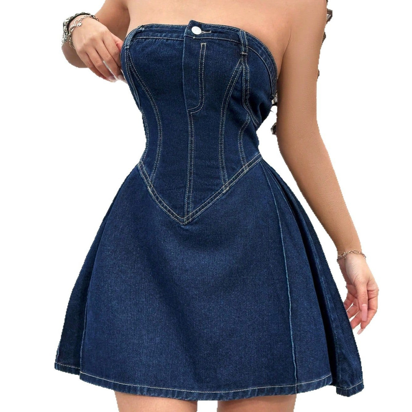 Women's Summer Off-shoulder Low Collar Sexy Fishbone Waist Tight Denim Dress Strapless Sexy Dress Trend Skinny Hipster Party Clubwear Y2K Bodycon EE&JR