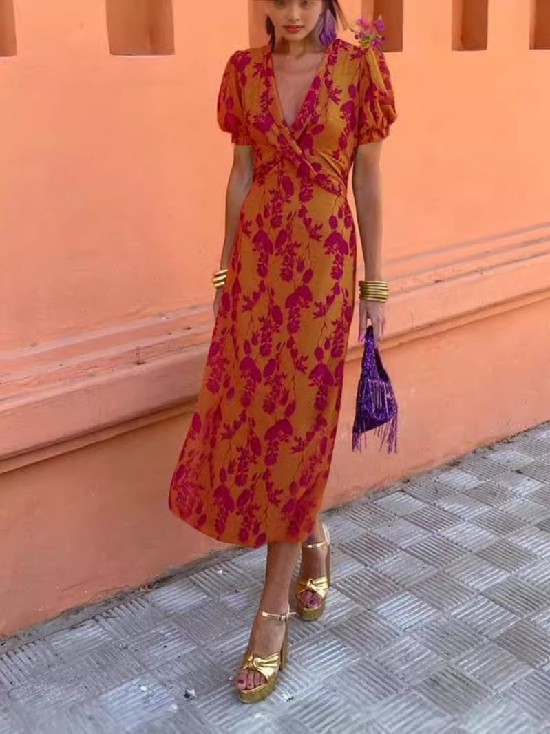 Summer V-neck Short-sleeved Dress Fashion Flowers Printed Slim Beach Dresses For Women Clothing EE&JR