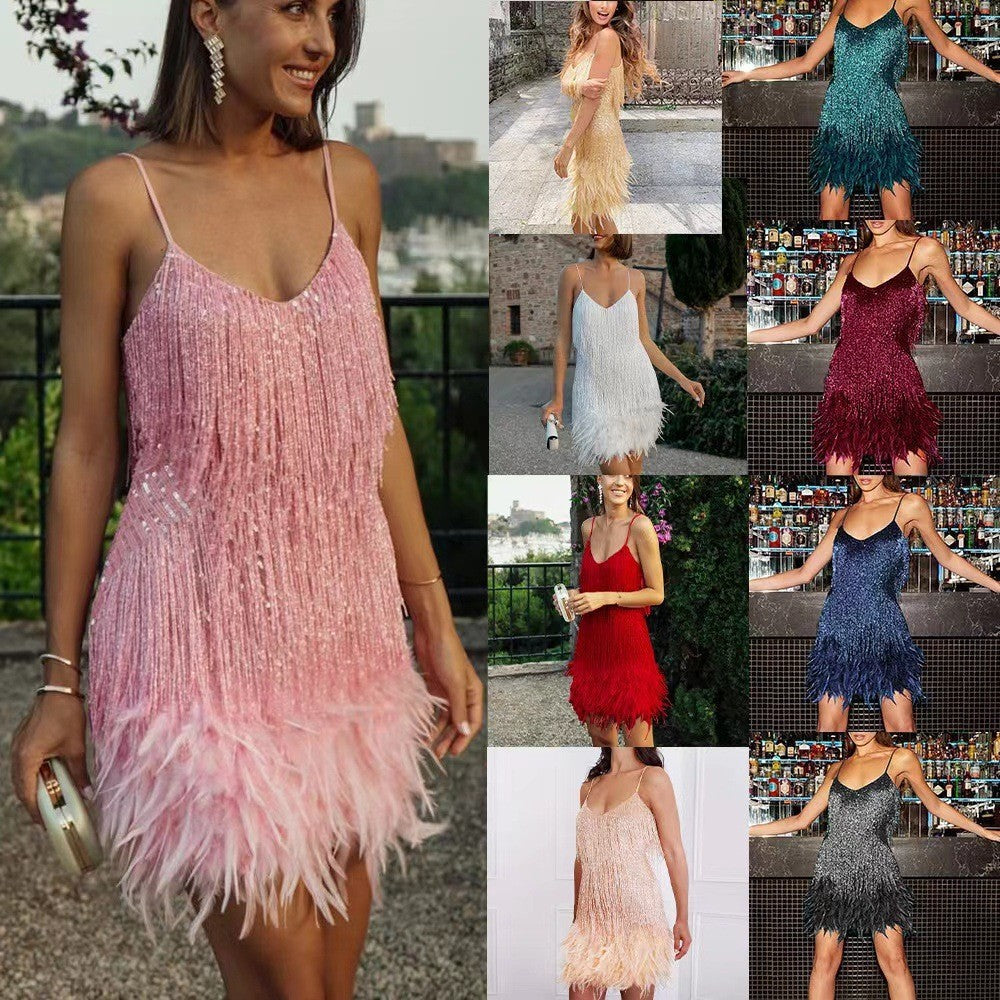 Sexy Tassel Sequins Feather Summer Mini Dress Women V Neck Spaghetti Strap Stitching Dresses Female Elegant Evening Party Club Dress EE&JR