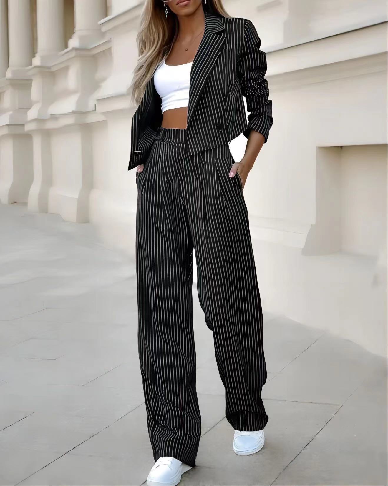 Women's Spring Fashion Striped Suits Casual Lapel Long Sleeve Cropped Top And Straight Pants Outfits Women's Clothing EE&JR