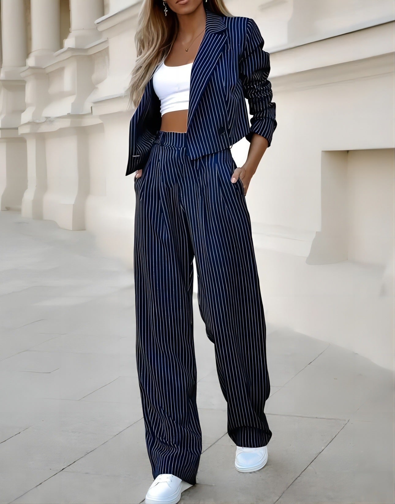 Women's Spring Fashion Striped Suits Casual Lapel Long Sleeve Cropped Top And Straight Pants Outfits Women's Clothing EE&JR