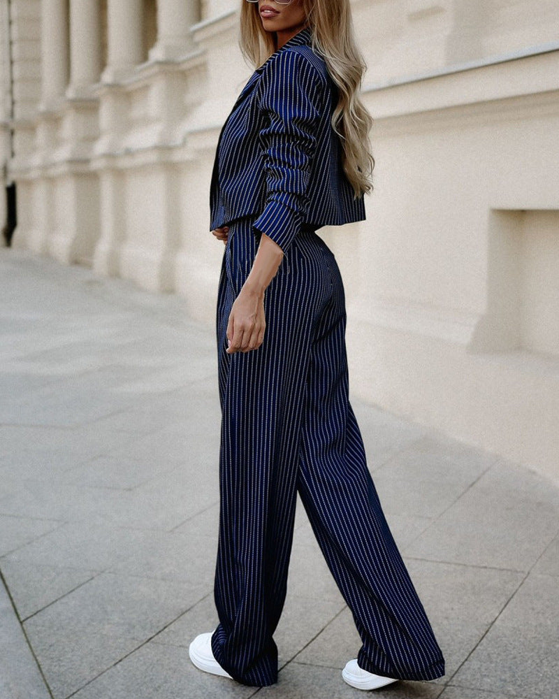 Women's Spring Fashion Striped Suits Casual Lapel Long Sleeve Cropped Top And Straight Pants Outfits Women's Clothing EE&JR
