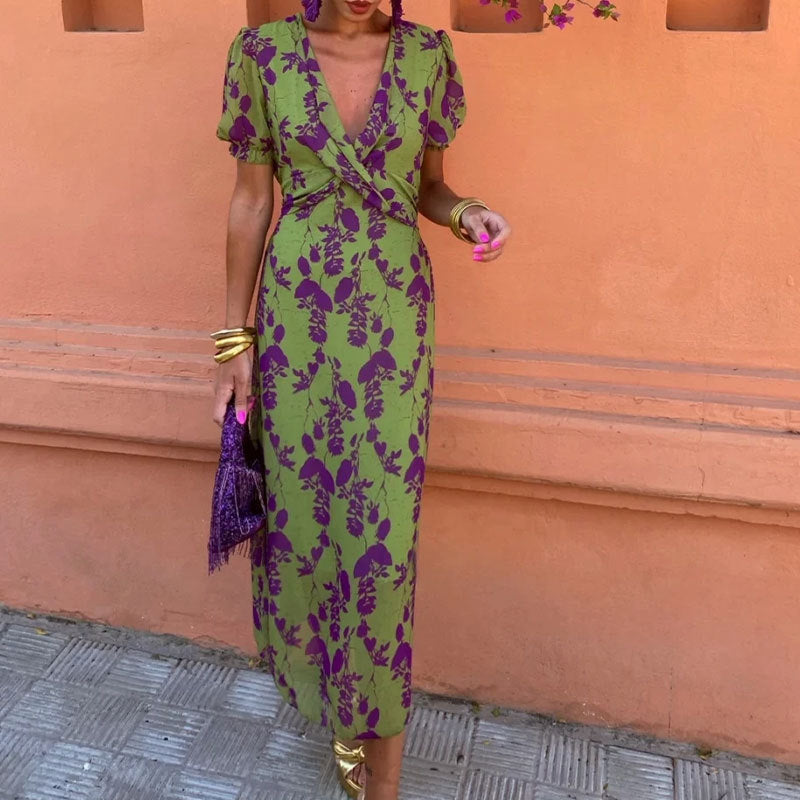 Summer V-neck Short-sleeved Dress Fashion Flowers Printed Slim Beach Dresses For Women Clothing EE&JR