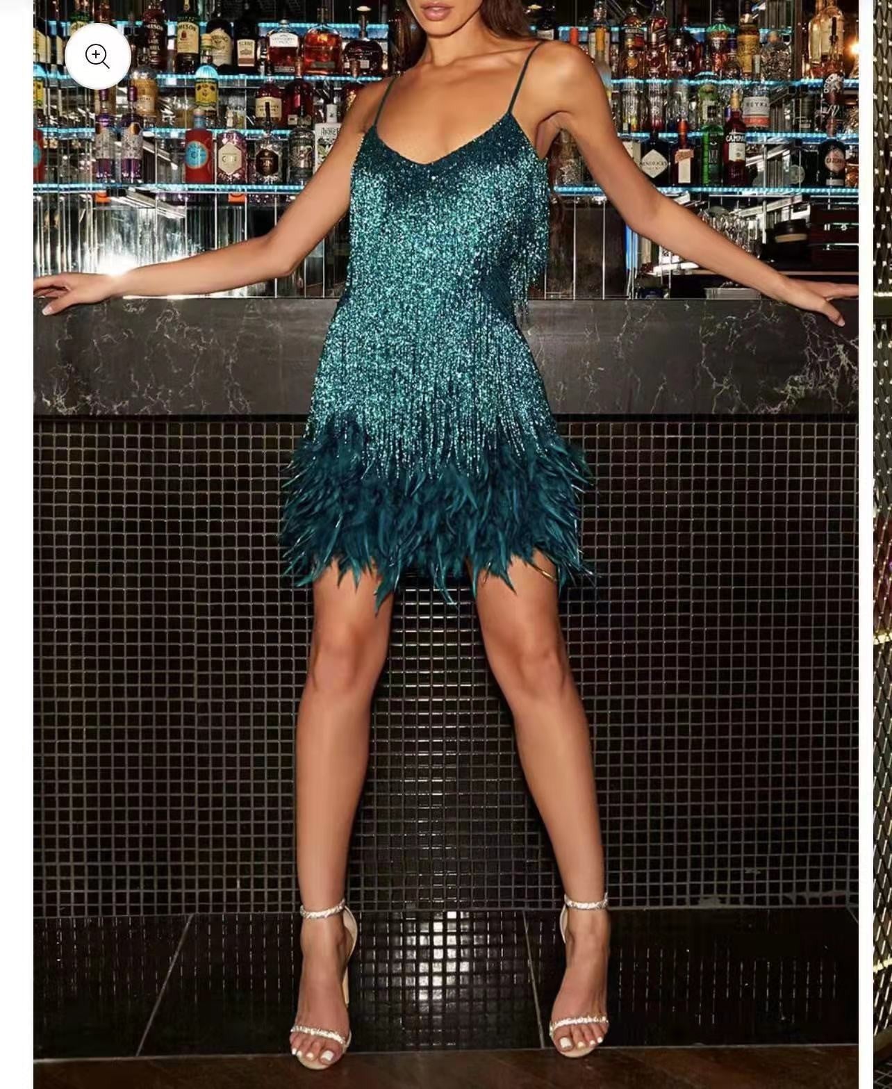 Sexy Tassel Sequins Feather Summer Mini Dress Women V Neck Spaghetti Strap Stitching Dresses Female Elegant Evening Party Club Dress EE&JR