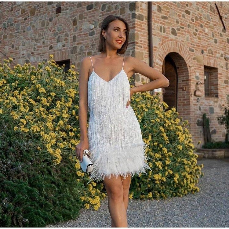 Sexy Tassel Sequins Feather Summer Mini Dress Women V Neck Spaghetti Strap Stitching Dresses Female Elegant Evening Party Club Dress EE&JR