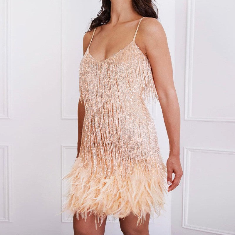 Sexy Tassel Sequins Feather Summer Mini Dress Women V Neck Spaghetti Strap Stitching Dresses Female Elegant Evening Party Club Dress EE&JR