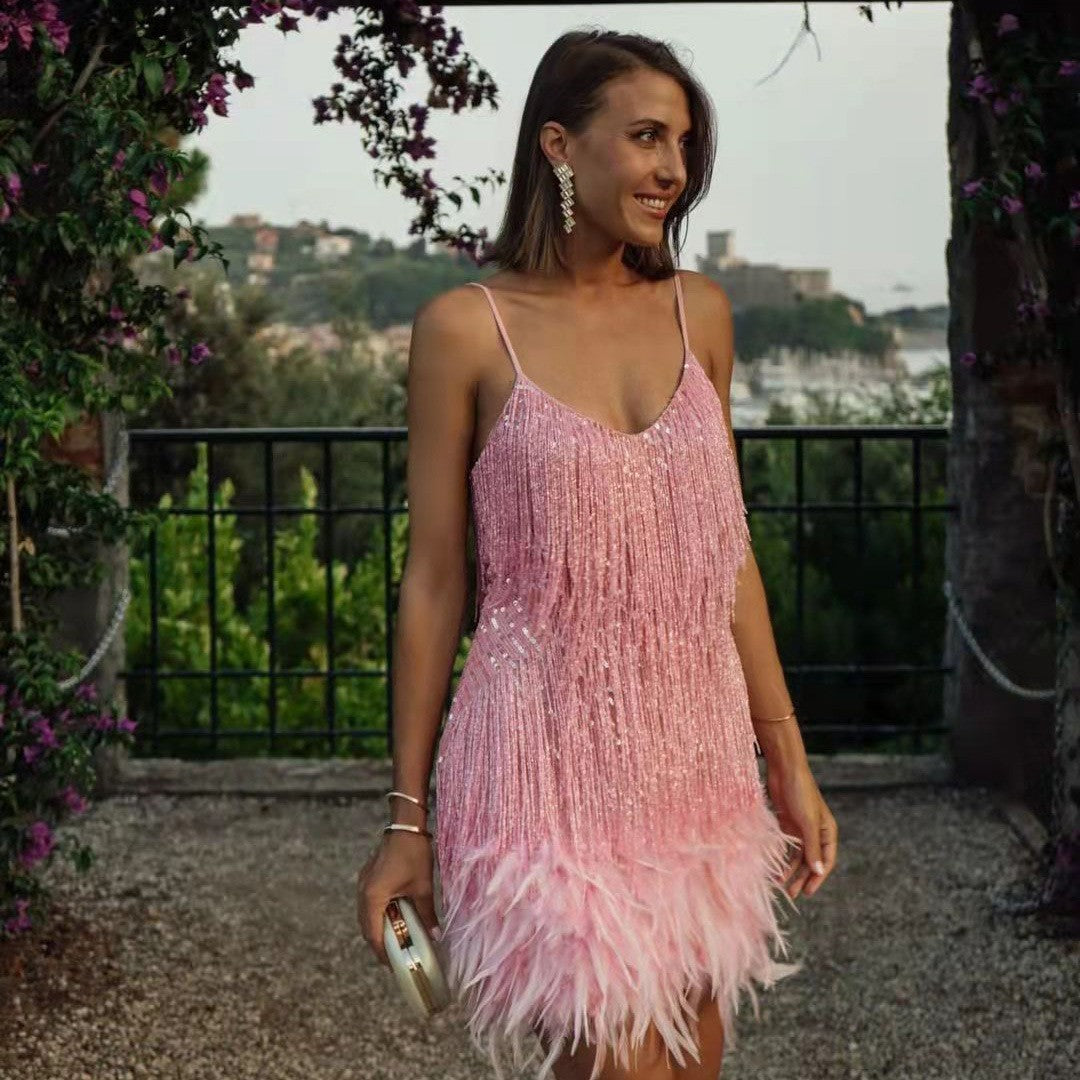 Sexy Tassel Sequins Feather Summer Mini Dress Women V Neck Spaghetti Strap Stitching Dresses Female Elegant Evening Party Club Dress EE&JR